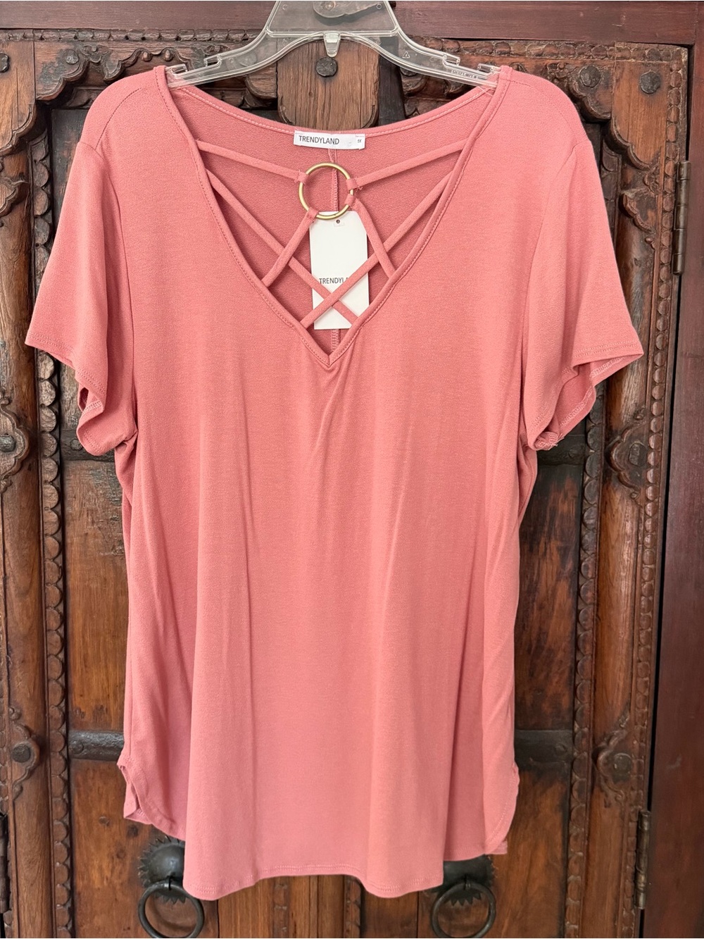Plus Size Pink Short Sleeve Cutout Neck Detail Blouse Top
